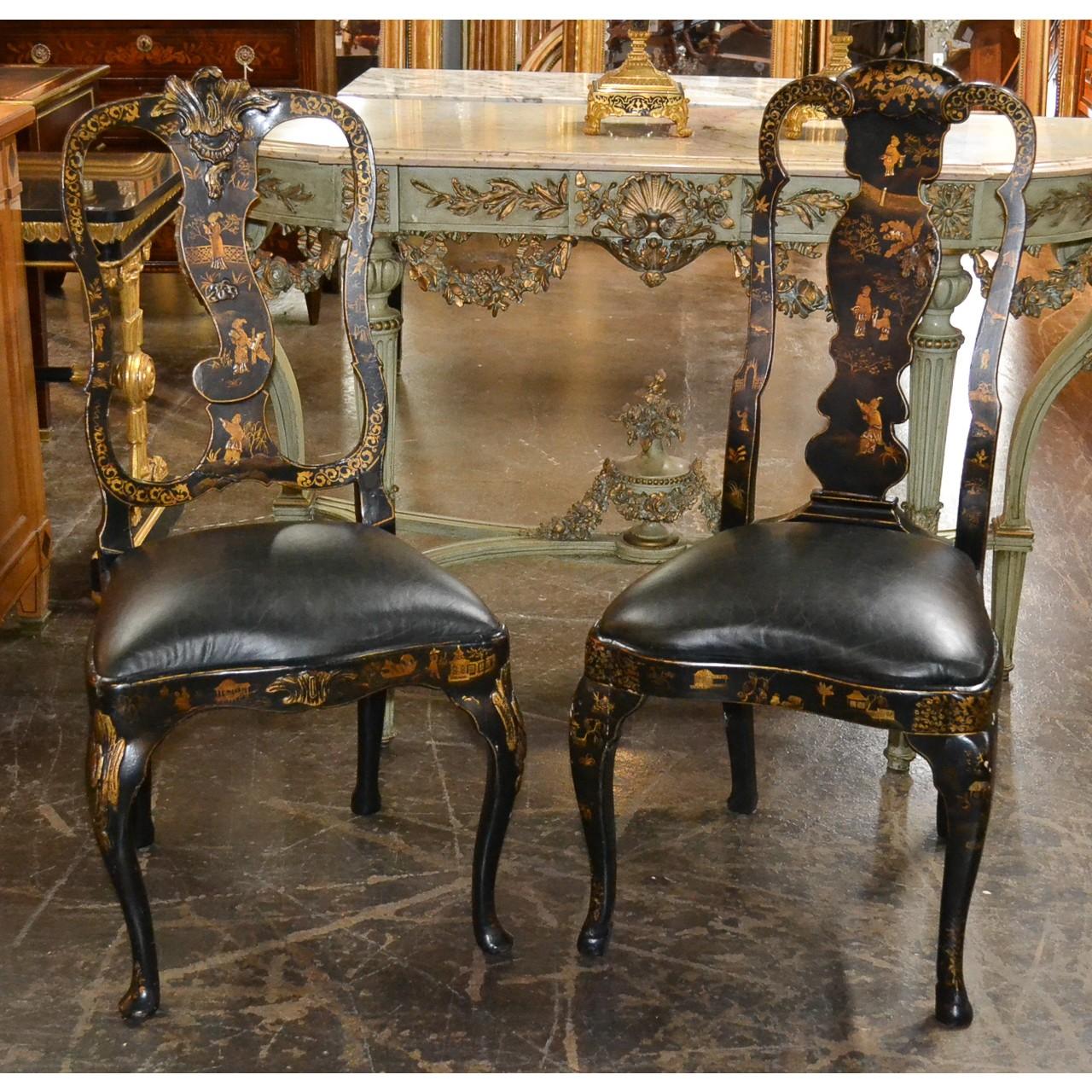 Lacquered Companion Pair of 19th Century Black Chinoiserie English Side Chairs