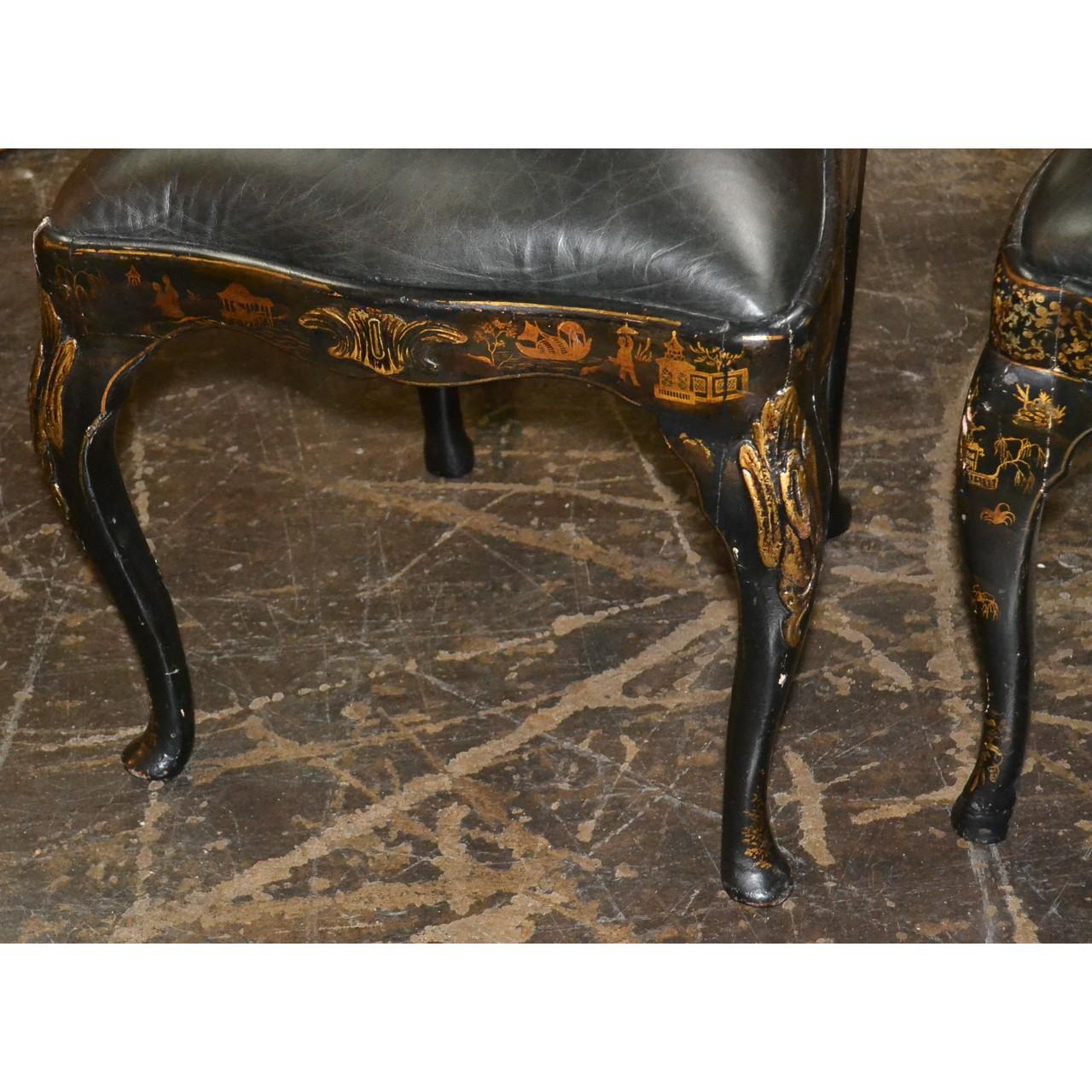 Companion Pair of 19th Century Black Chinoiserie English Side Chairs In Good Condition In Dallas, TX