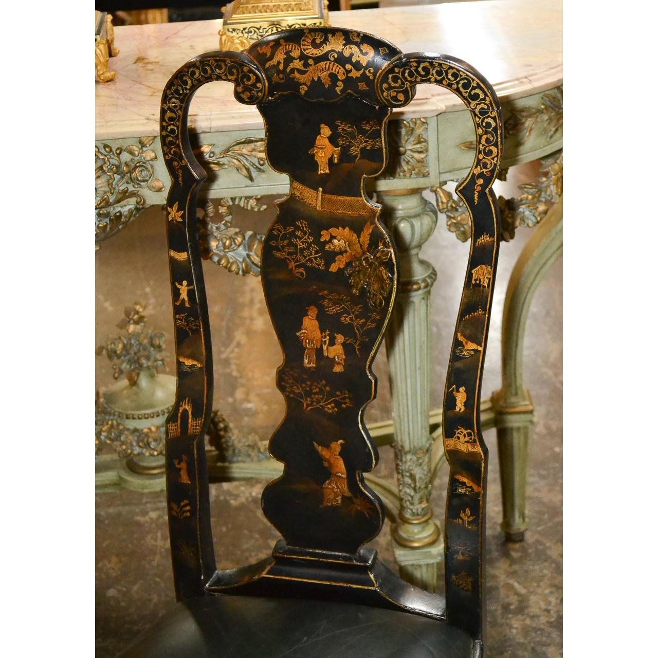 Wood Companion Pair of 19th Century Black Chinoiserie English Side Chairs