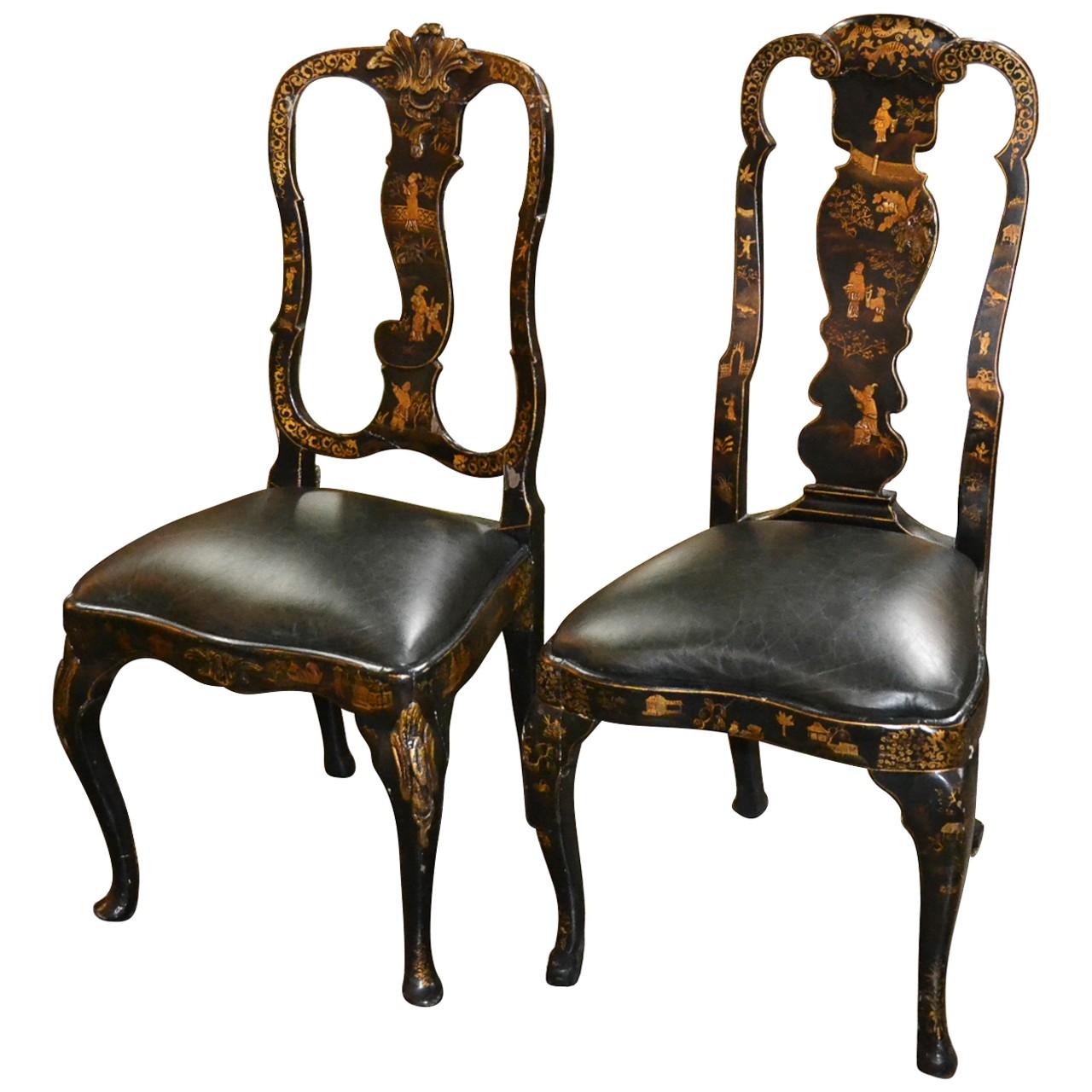 Companion Pair of 19th Century Black Chinoiserie English Side Chairs