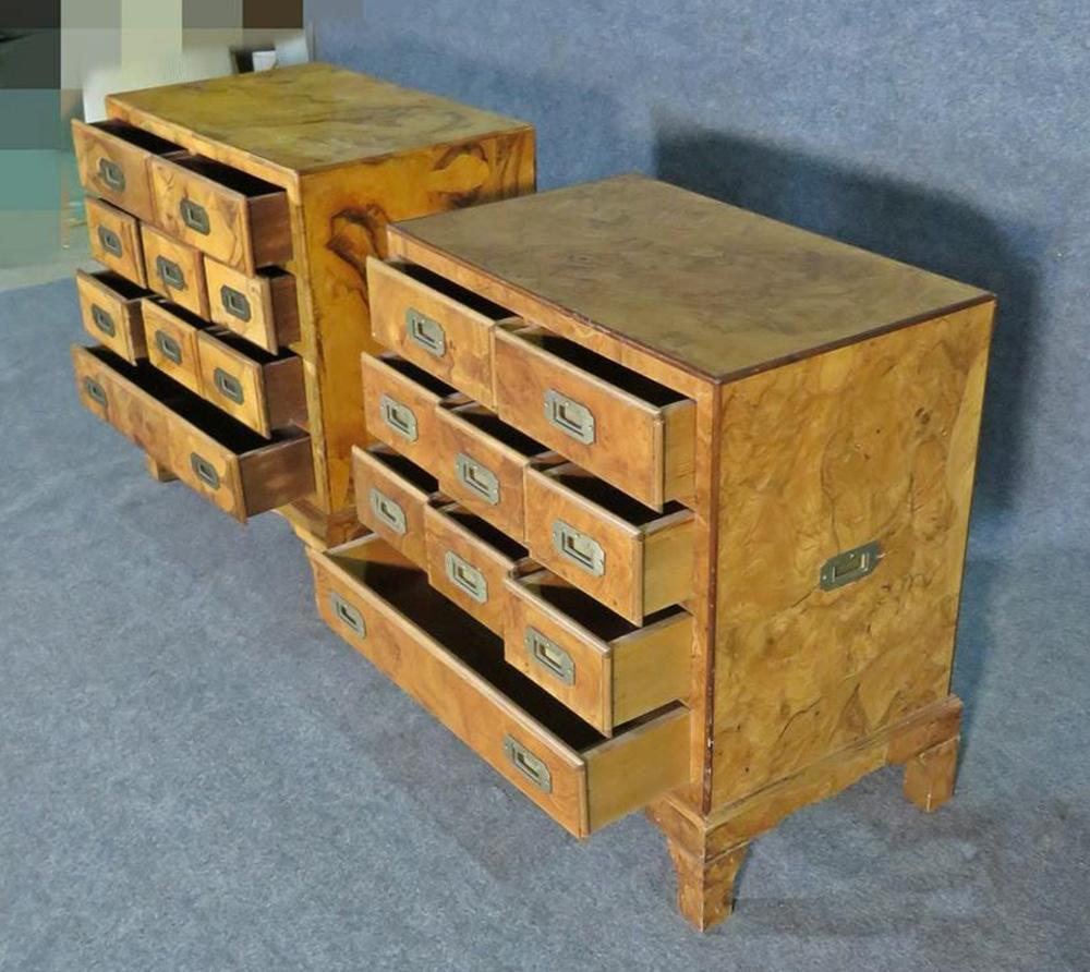 Italian Companion Pair of Bulred Walnut Campaign Style Bachelors Chests Nightstands