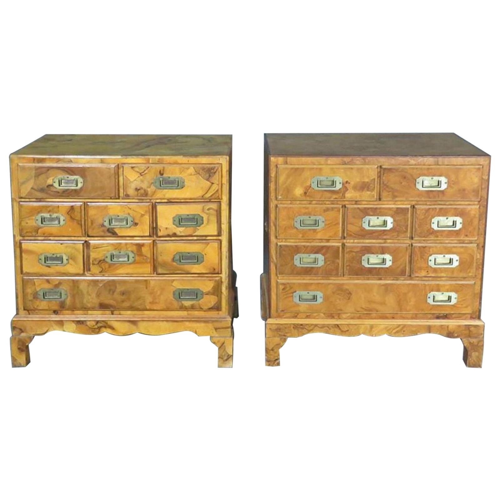 Companion Pair of Bulred Walnut Campaign Style Bachelors Chests Nightstands