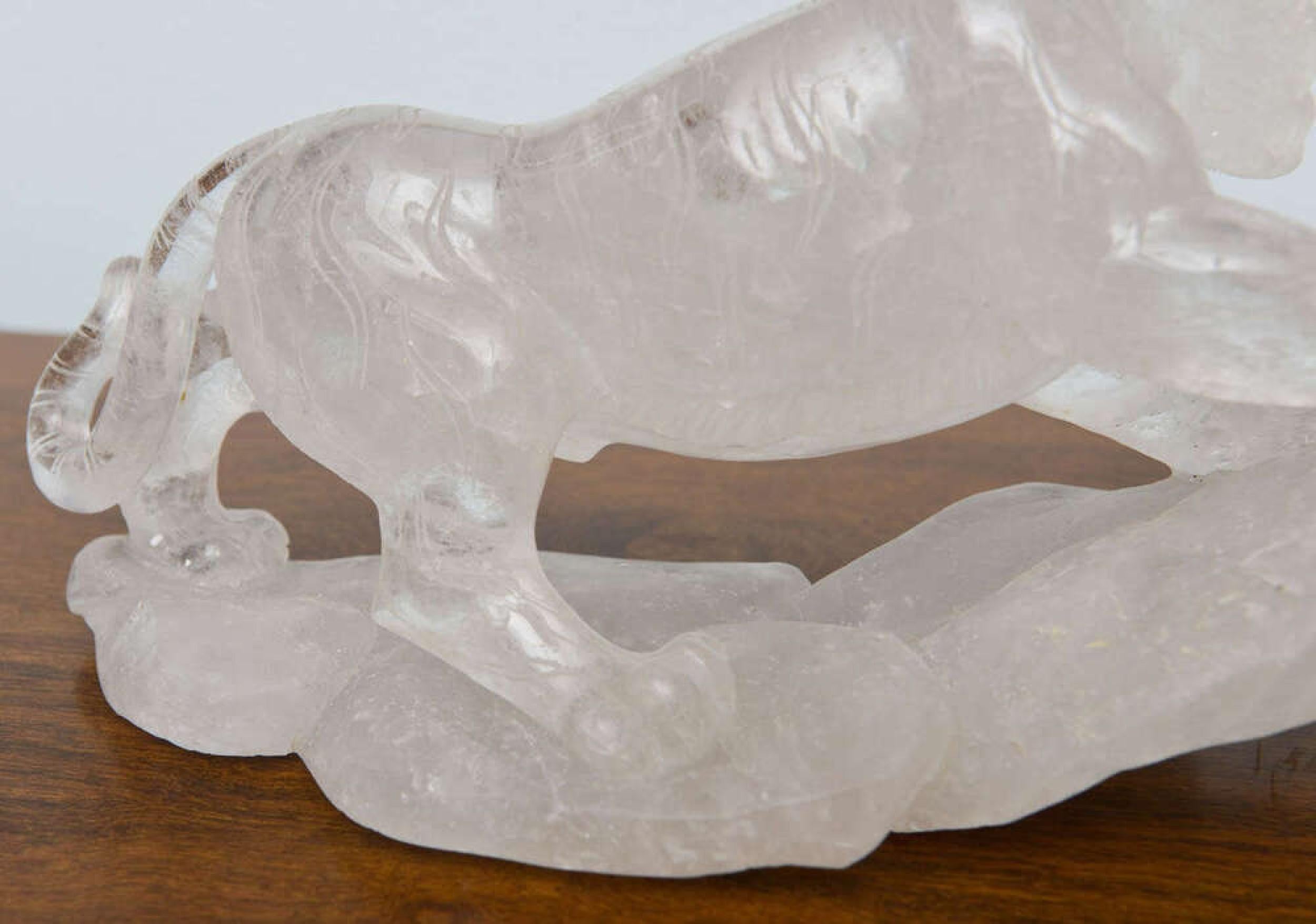 Companion Pair of French Contemporary Rock Crystal Tiger Sculptures For Sale 1