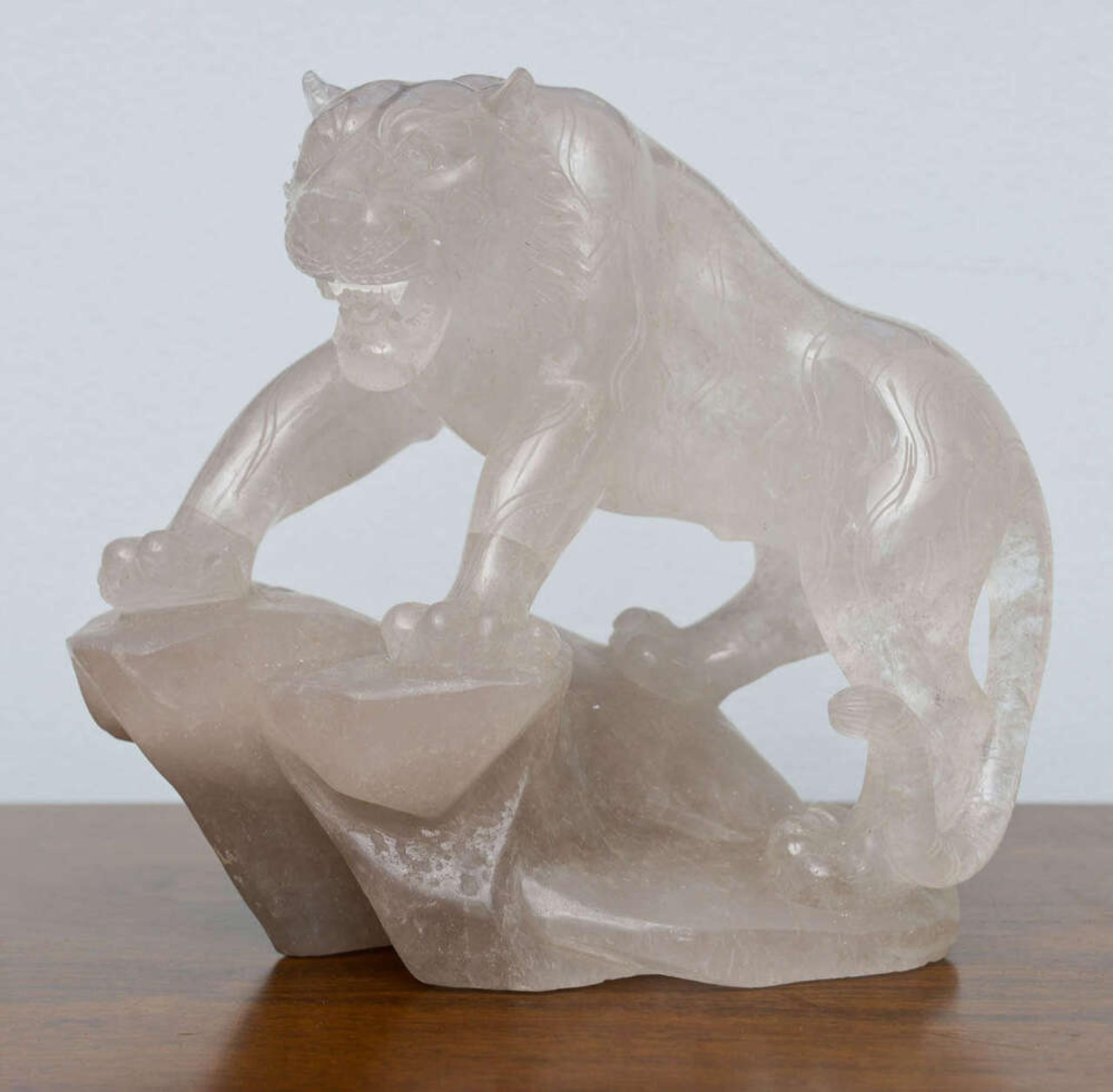 Companion Pair of French Contemporary Rock Crystal Tiger Sculptures For Sale 2