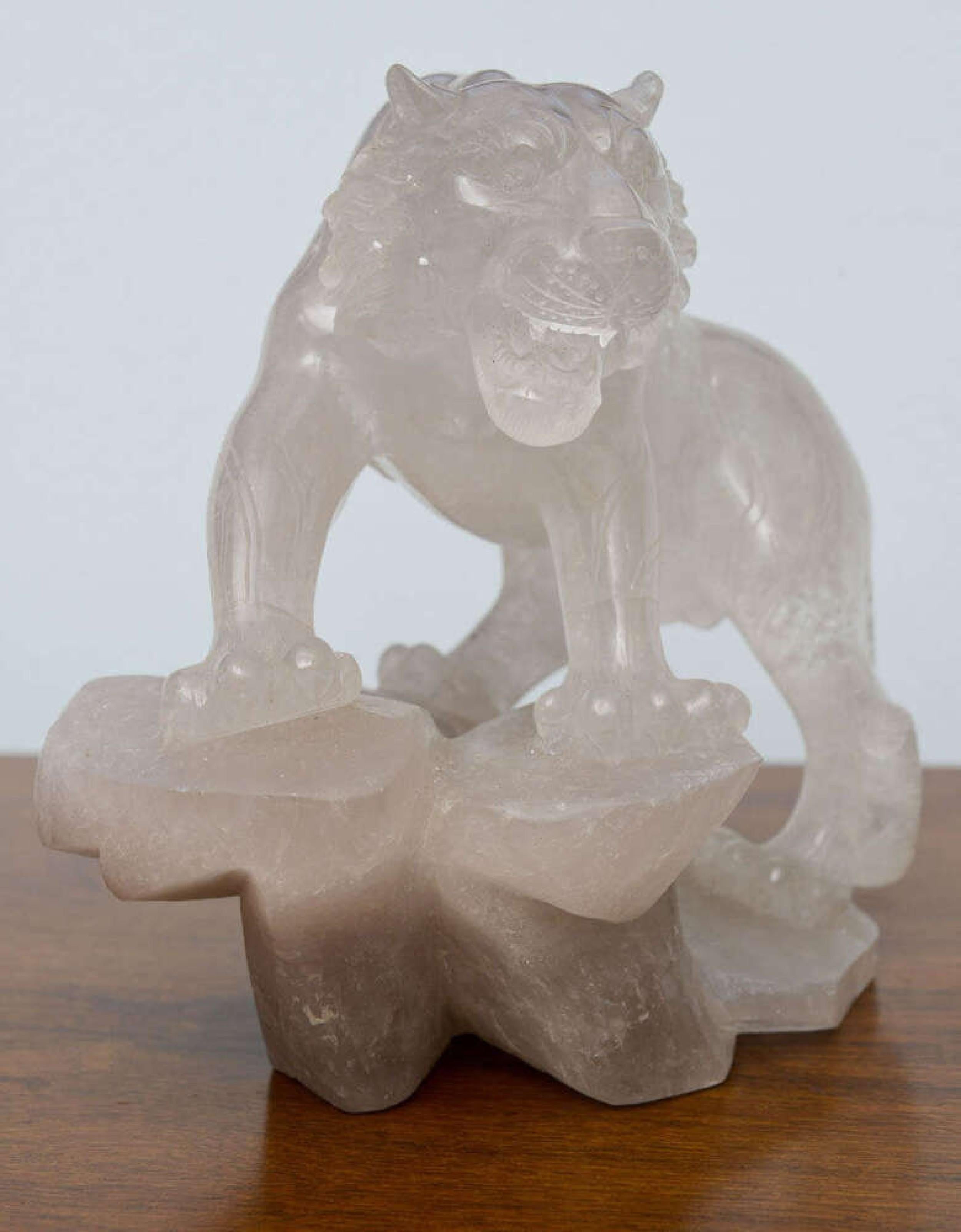 Companion Pair of French Contemporary Rock Crystal Tiger Sculptures For Sale 3