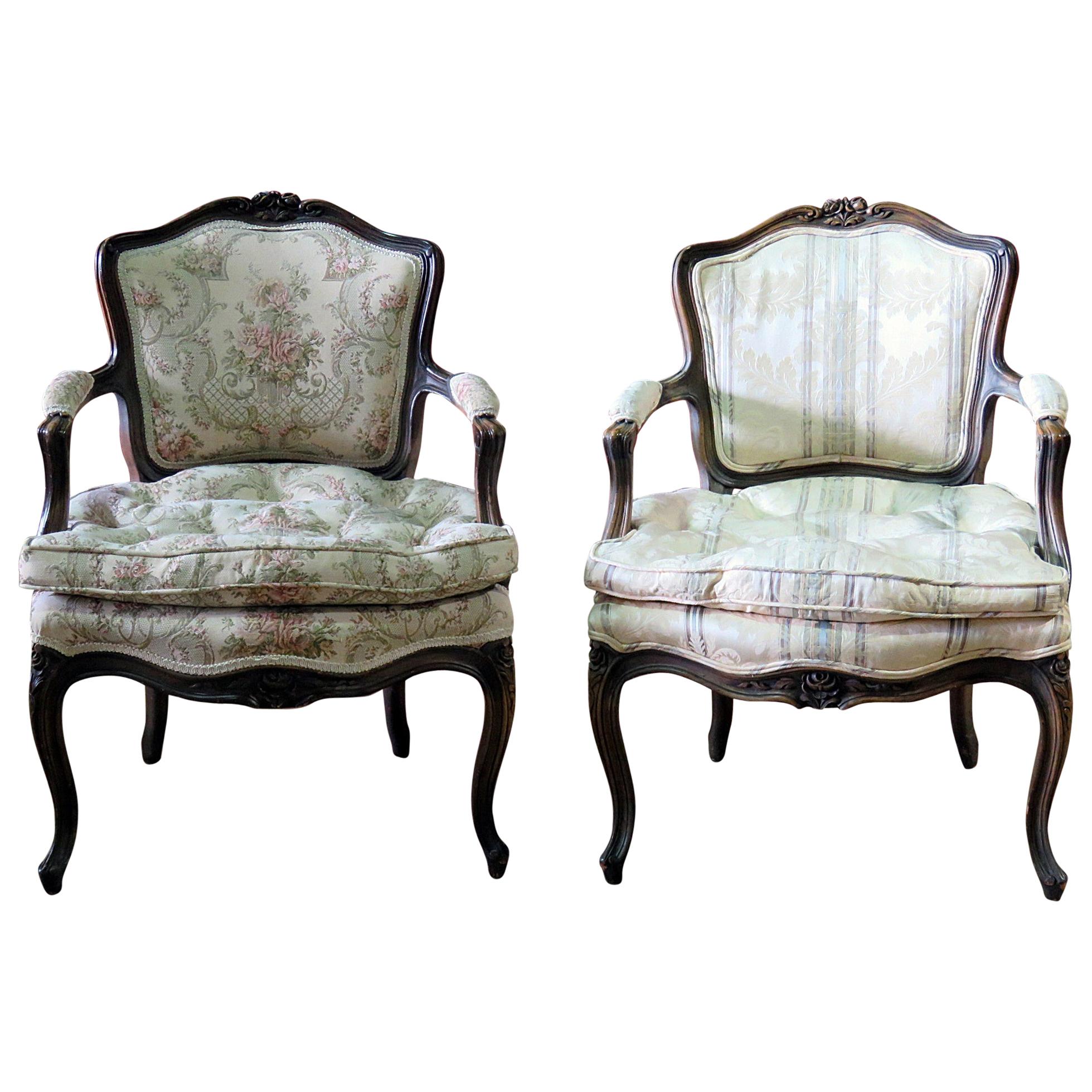 Companion Pair of Carved Walnut Tufted Louis XVI Style Fauteuils Armchairs 