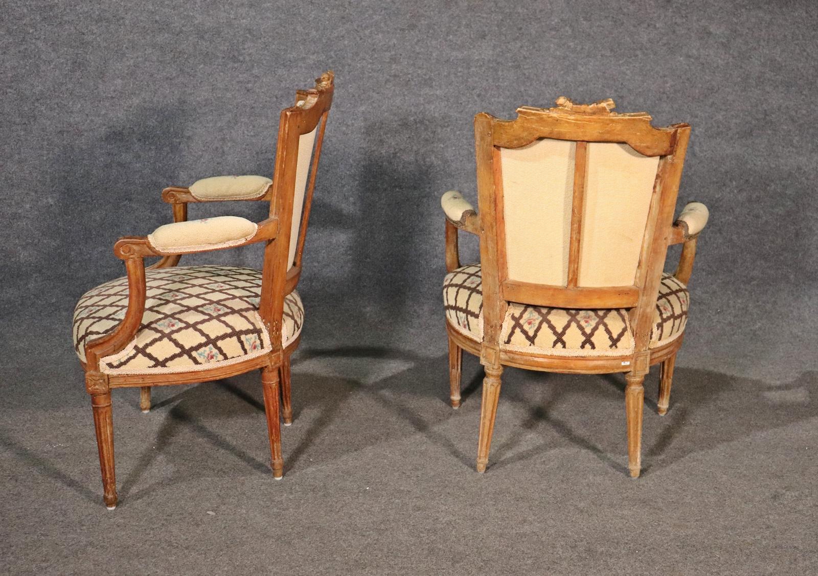 Companion Pair of Nearly Identical French Louis XVI Armchairs, Circa 1900 For Sale 2