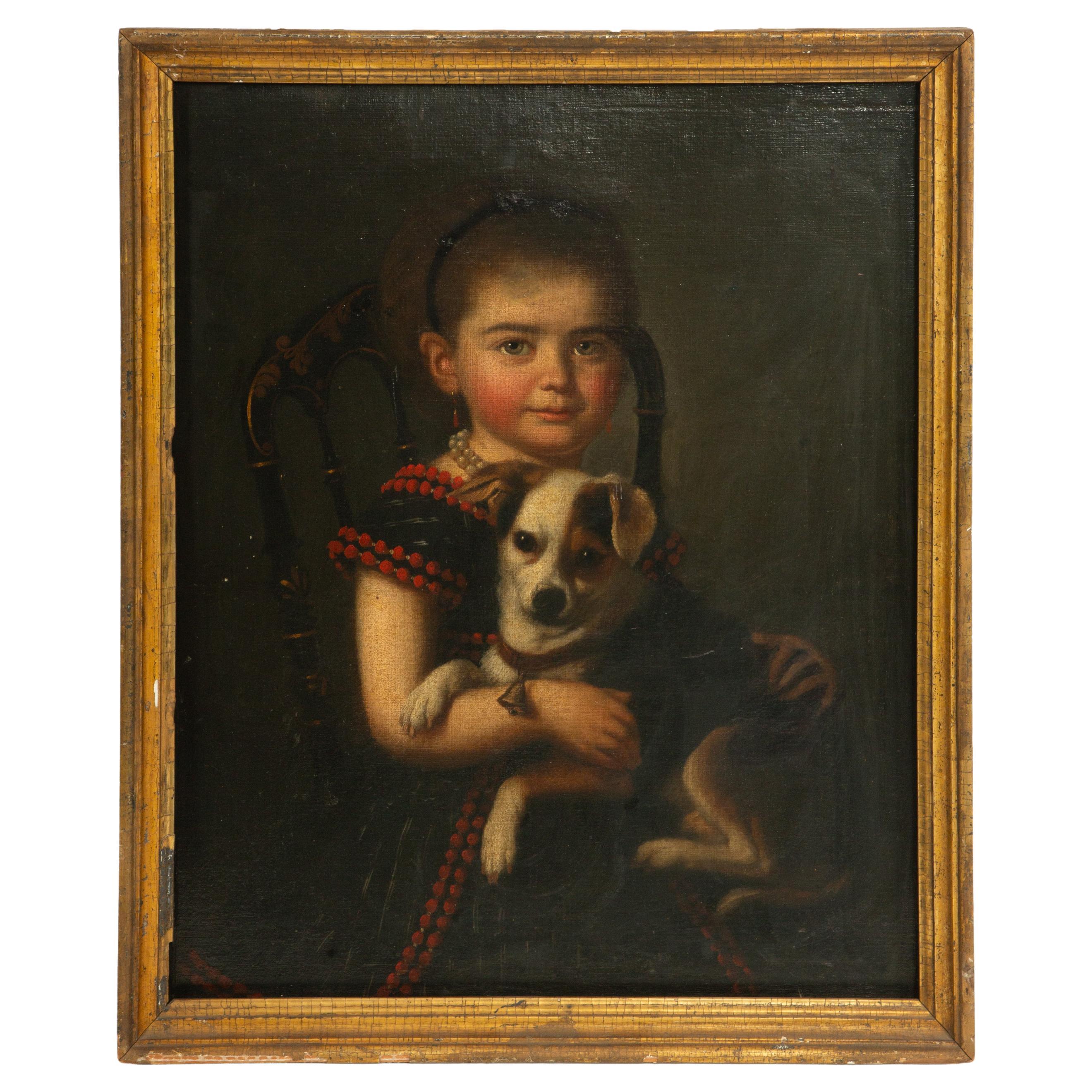 Companions: 19th C Painting of a Young Girl Sitting with Her Dog en vente