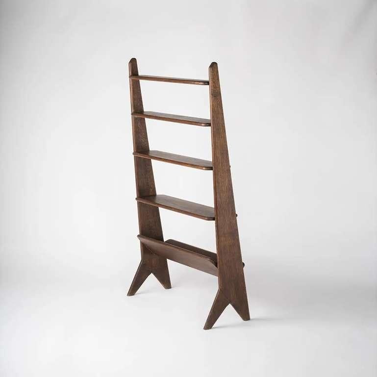 French Compas Feet Reconstruction Era Shelving Unit in Dark Brown Oak - France 1950s For Sale