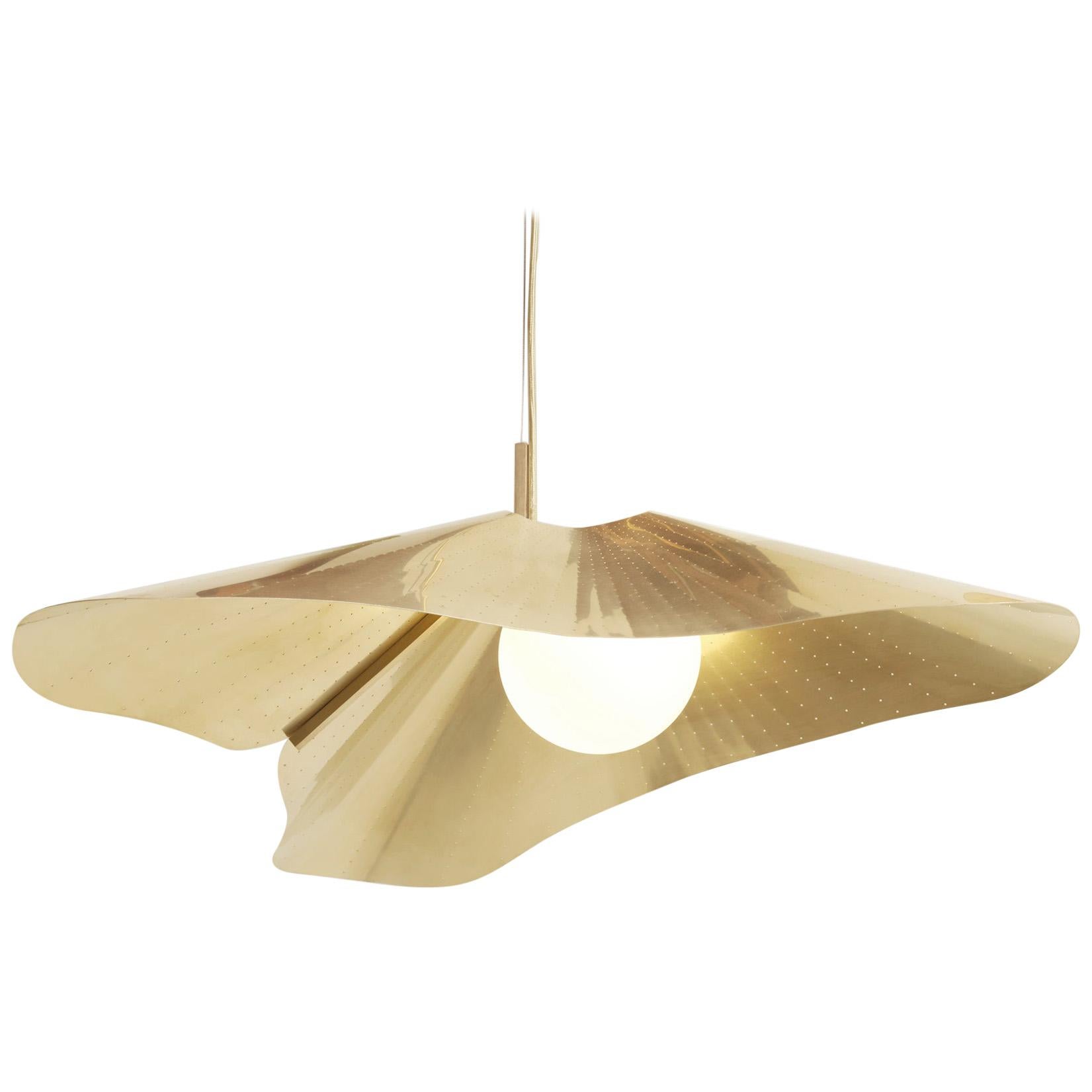 Compas Large Pendant in Perforated Satin Brass and Opal White Glass