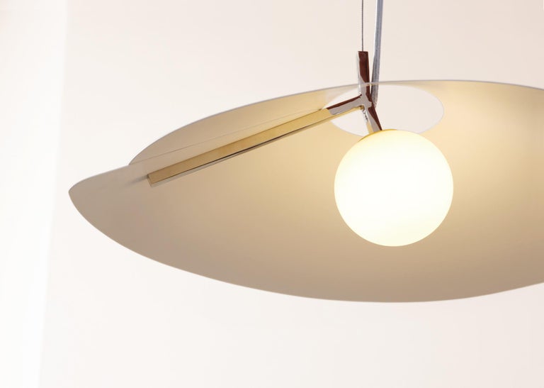Contemporary Compas Small Pendant in Perforated Satin Brass and Opal White Glass For Sale
