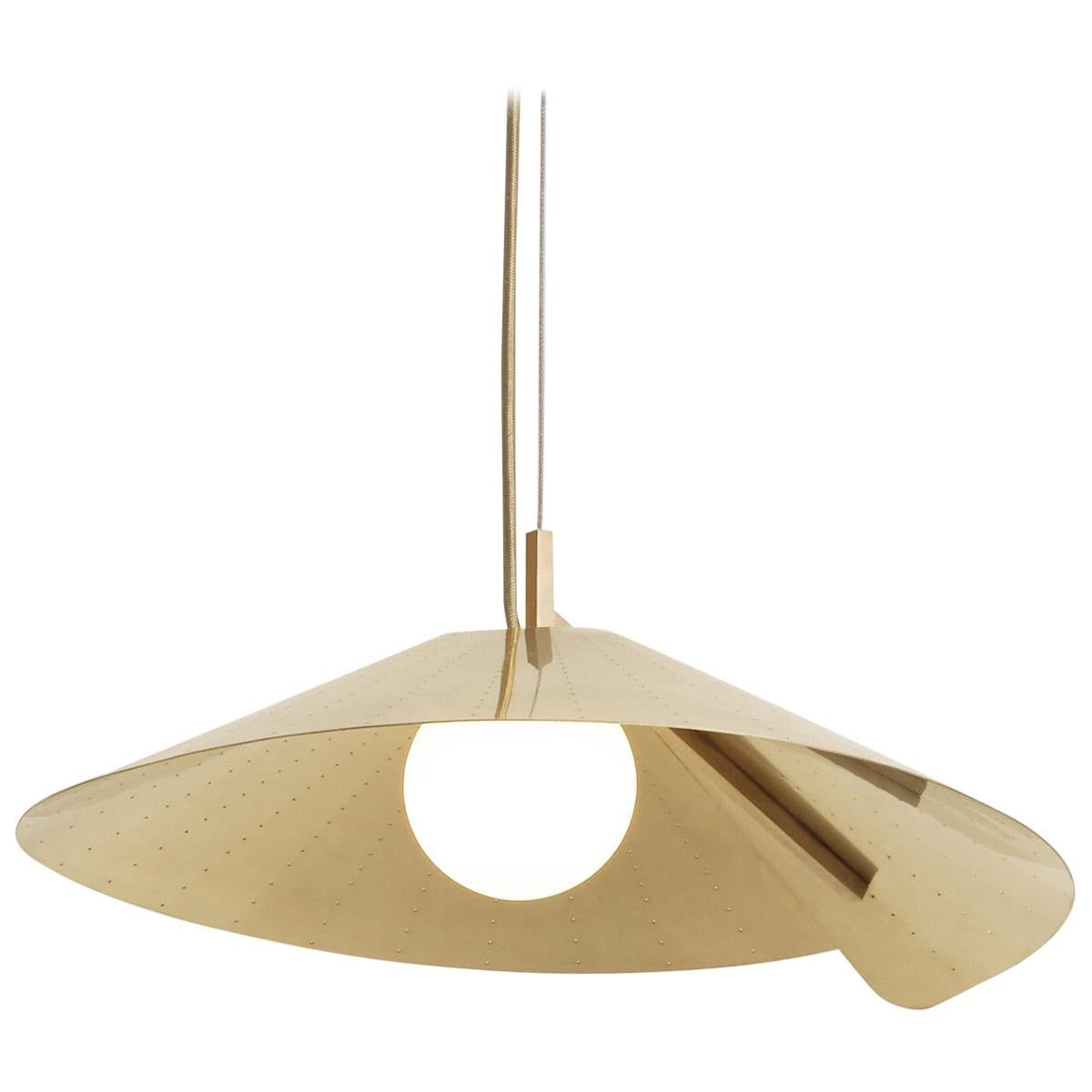 Compas Small Pendant in Perforated Satin Brass and Opal White Glass