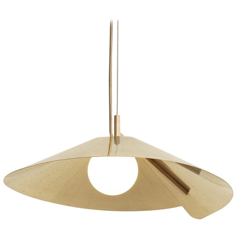 Compas Small Pendant in Perforated Satin Brass and Opal White Glass For Sale