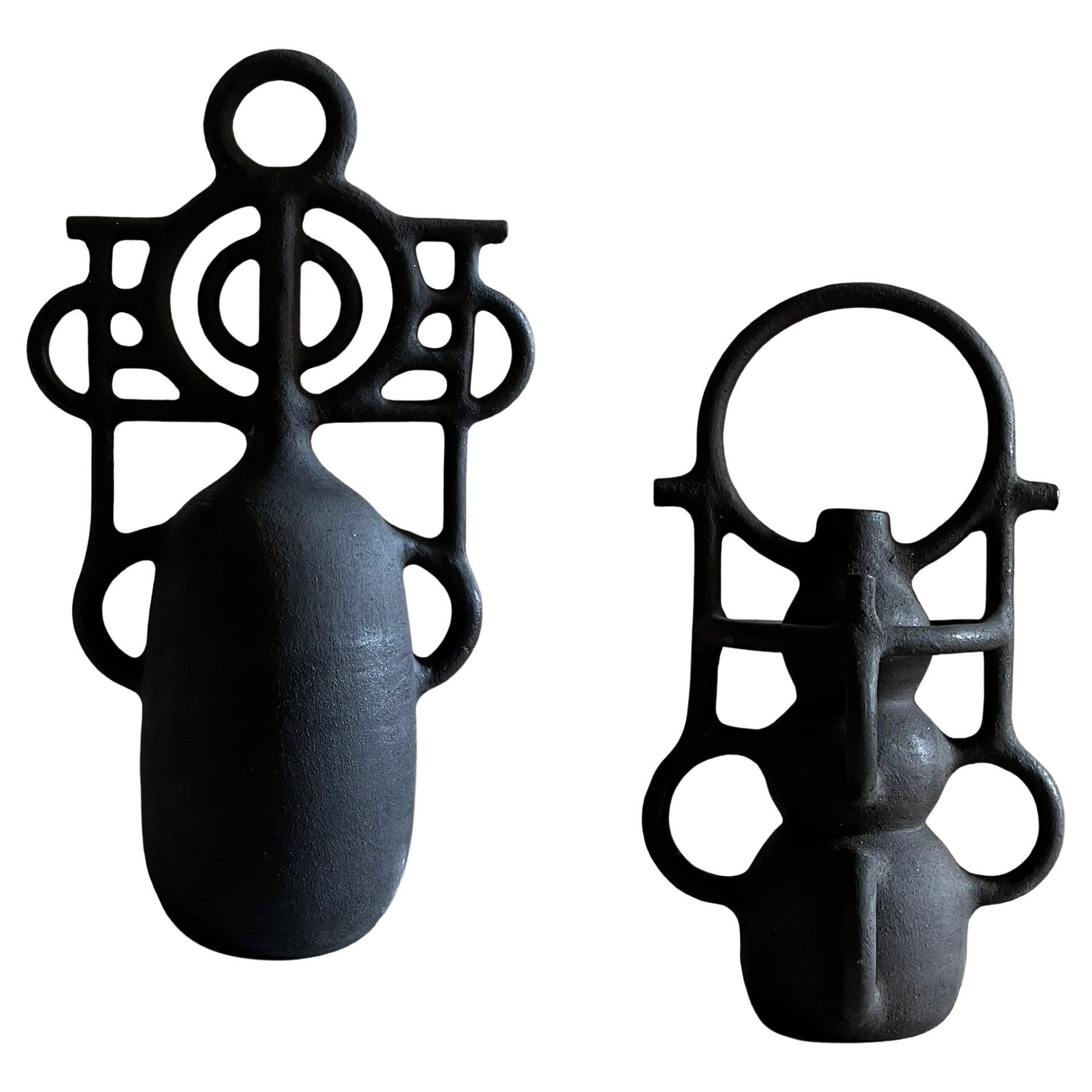 Compass and Sat II Sculptures by Aniana Heras in Black Stoneware For Sale