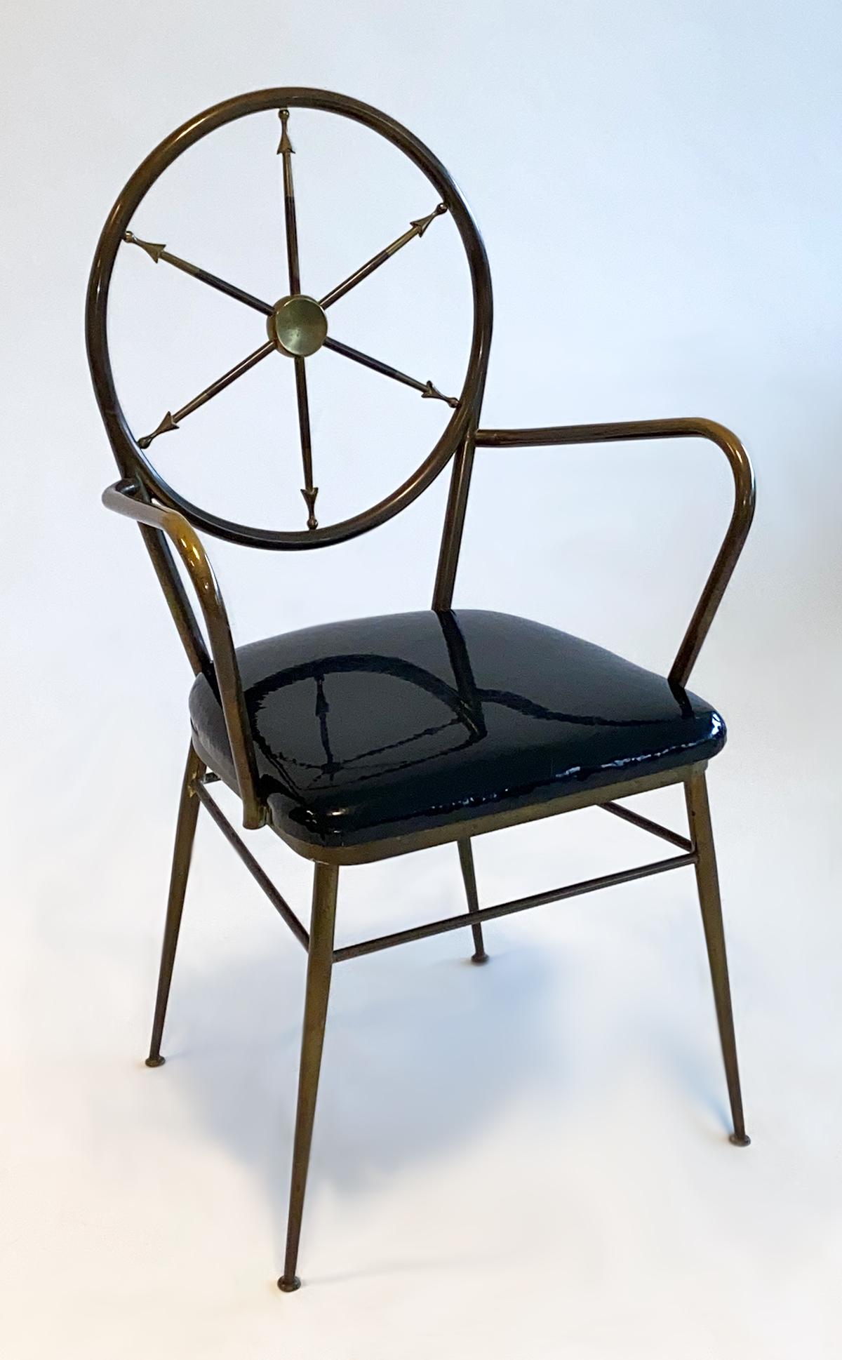 Compass back armchair in brass attributed to Gio Ponti, 1950s. Original black patent leather seat and a lovely patina to the brass frame. Wear to seat.