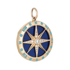 Compass Charm Lapis Lazuli Diamond Pendant Estate 14k Yellow Gold Enamel Jewelry