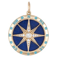 Compass Charm Lapis Lazuli Diamond Pendant Estate 14k Yellow Gold Enamel Jewelry