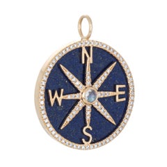 Compass Charm Lapis Lazuli Moonstone Diamond Pendant 14k Yellow Gold Jewelry