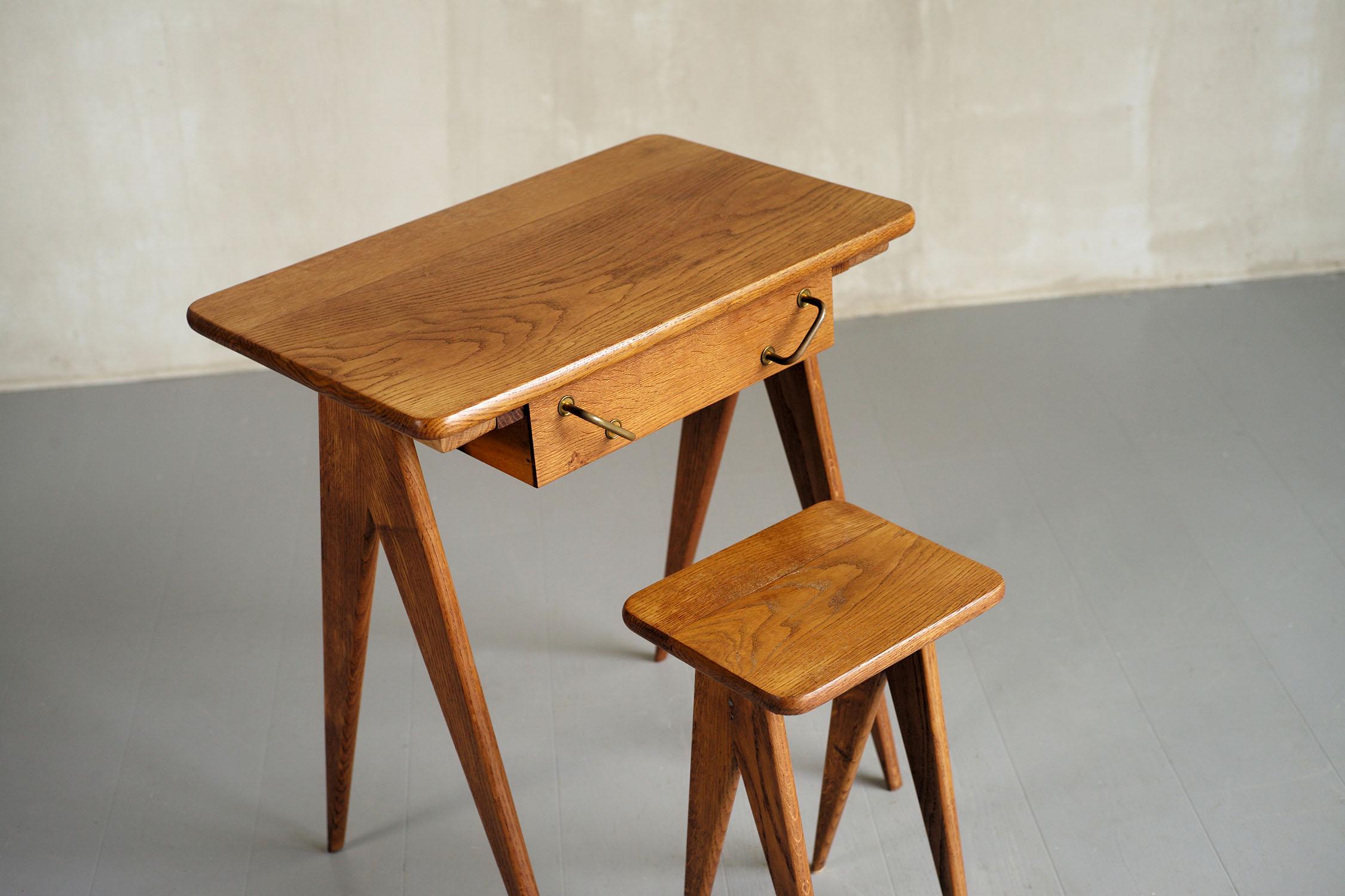 Mid-Century Modern Compass Desk and Stool, France, 1950