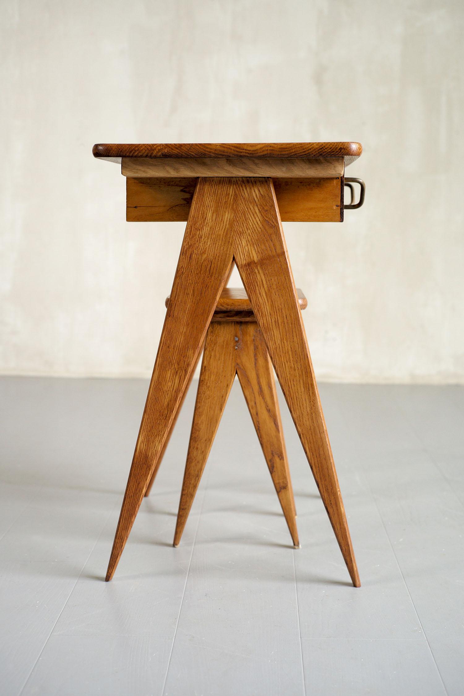 French Compass Desk and Stool, France, 1950