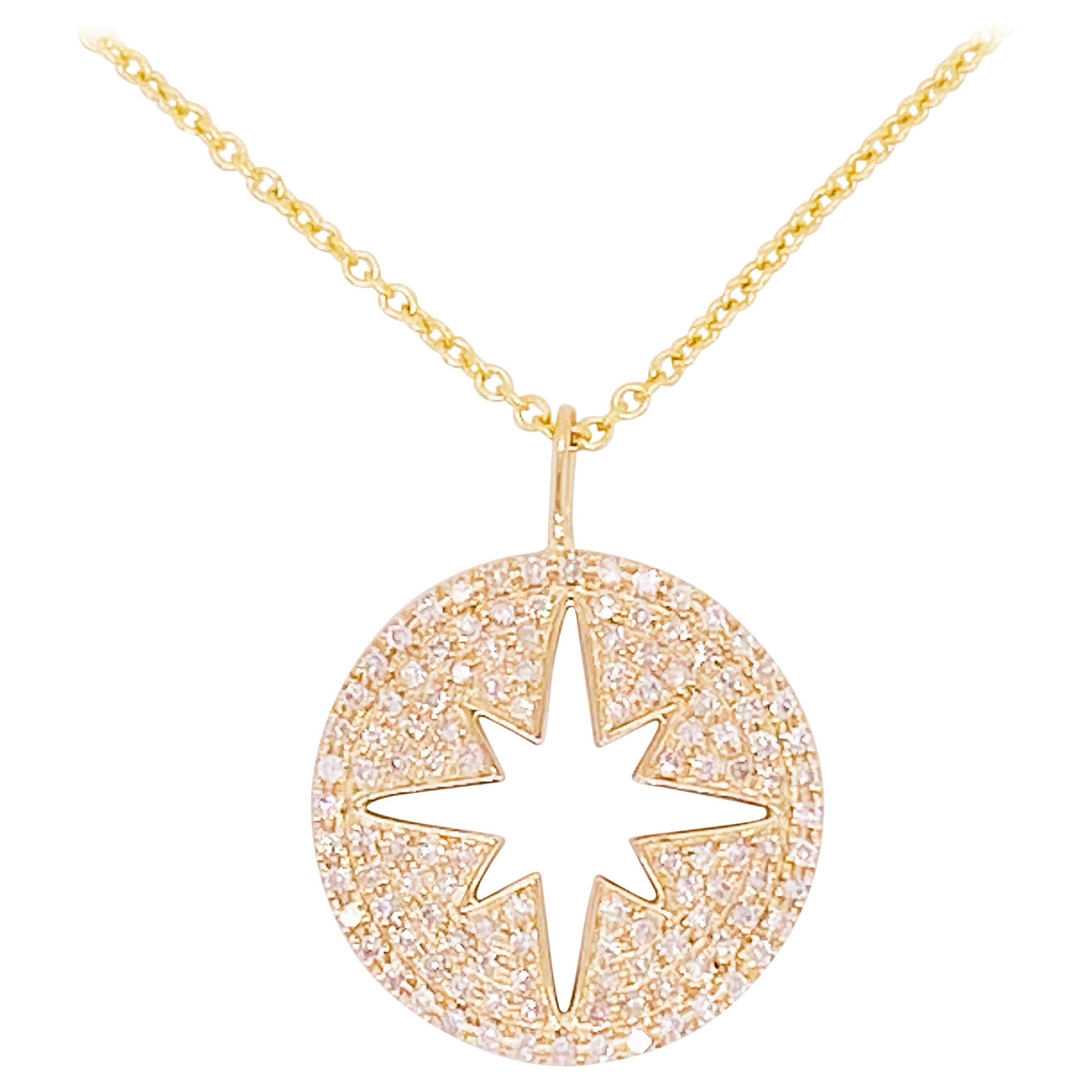 Compass Diamond Necklace, North Star, 14 Karat Yellow Gold, Pave, Journey