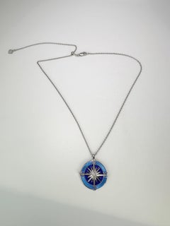 Compass diamond pendant necklace in silver with unique liquid glass enamel