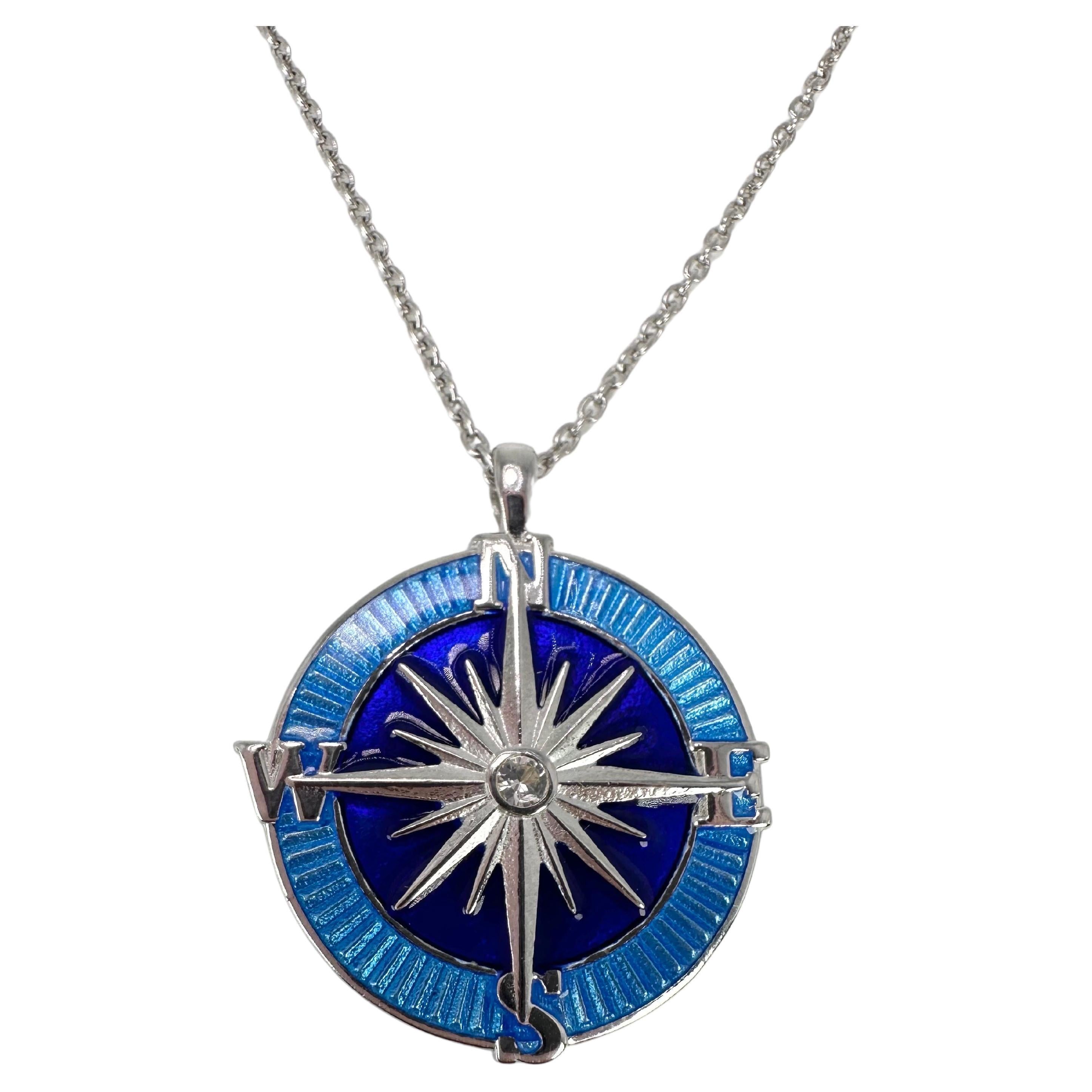 Compass diamond pendant necklace in silver with unique liquid glass enamel For Sale