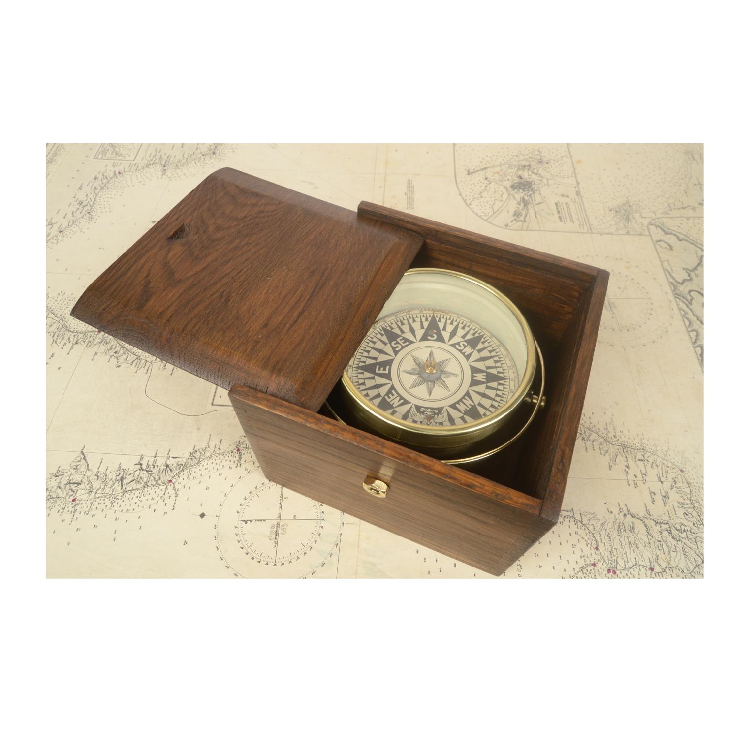 1860 English Antique Brass Nautical Magnetic Dry Compass in Original Wooden Box  1