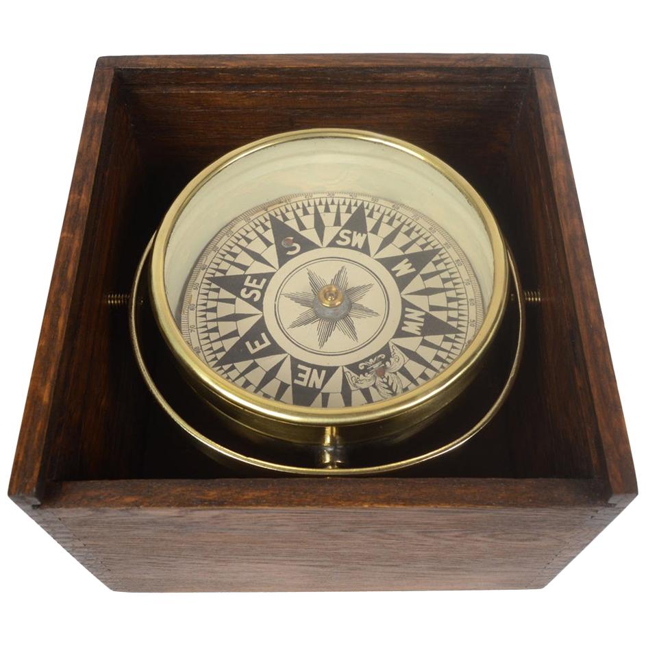 1860 English Antique Brass Nautical Magnetic Dry Compass in Original Wooden Box 