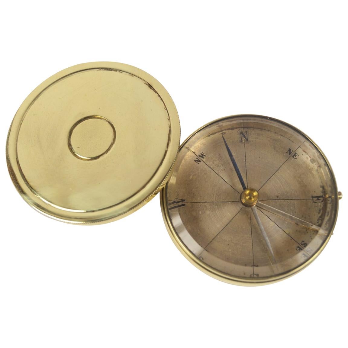 1900s French Manufacture Antique Pocket Magnetic Compass Made of Turned Brass 