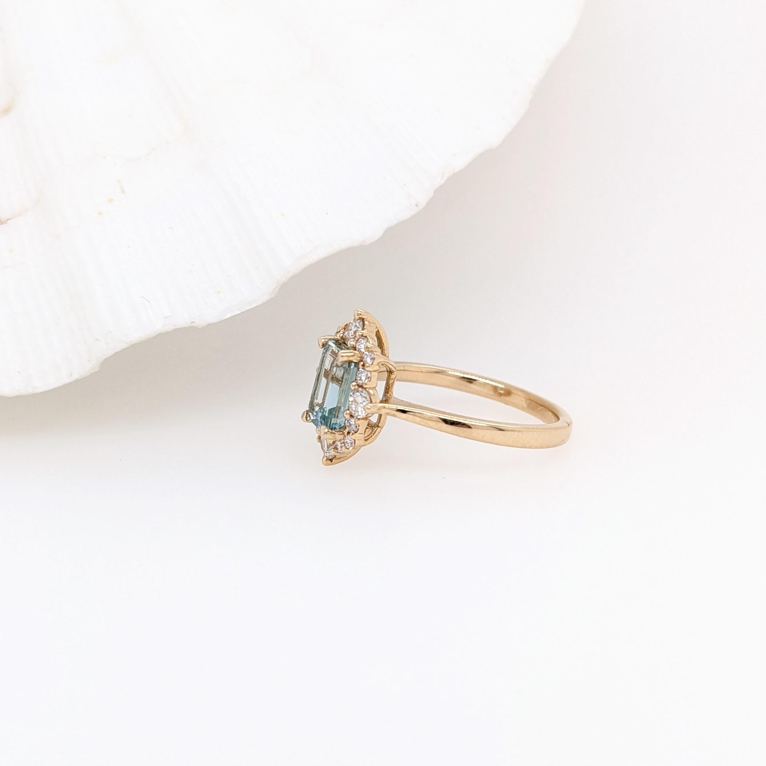 Compass Rose Aquamarine Ring w Natural Diamond Halo in 14k Gold Emerald Cut 7x5 In New Condition In Columbus, OH