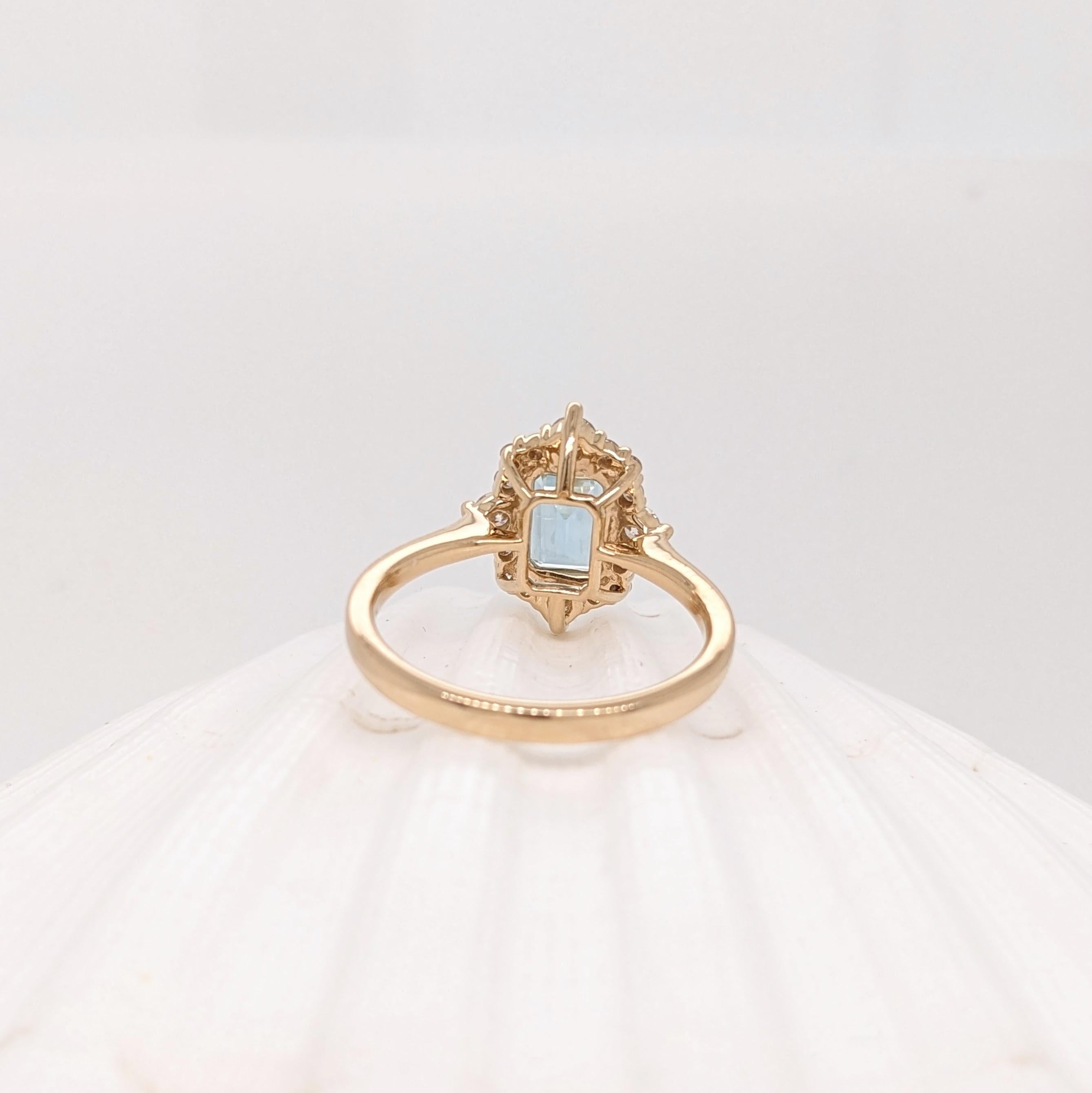 Women's Compass Rose Aquamarine Ring w Natural Diamond Halo in 14k Gold Emerald Cut 7x5