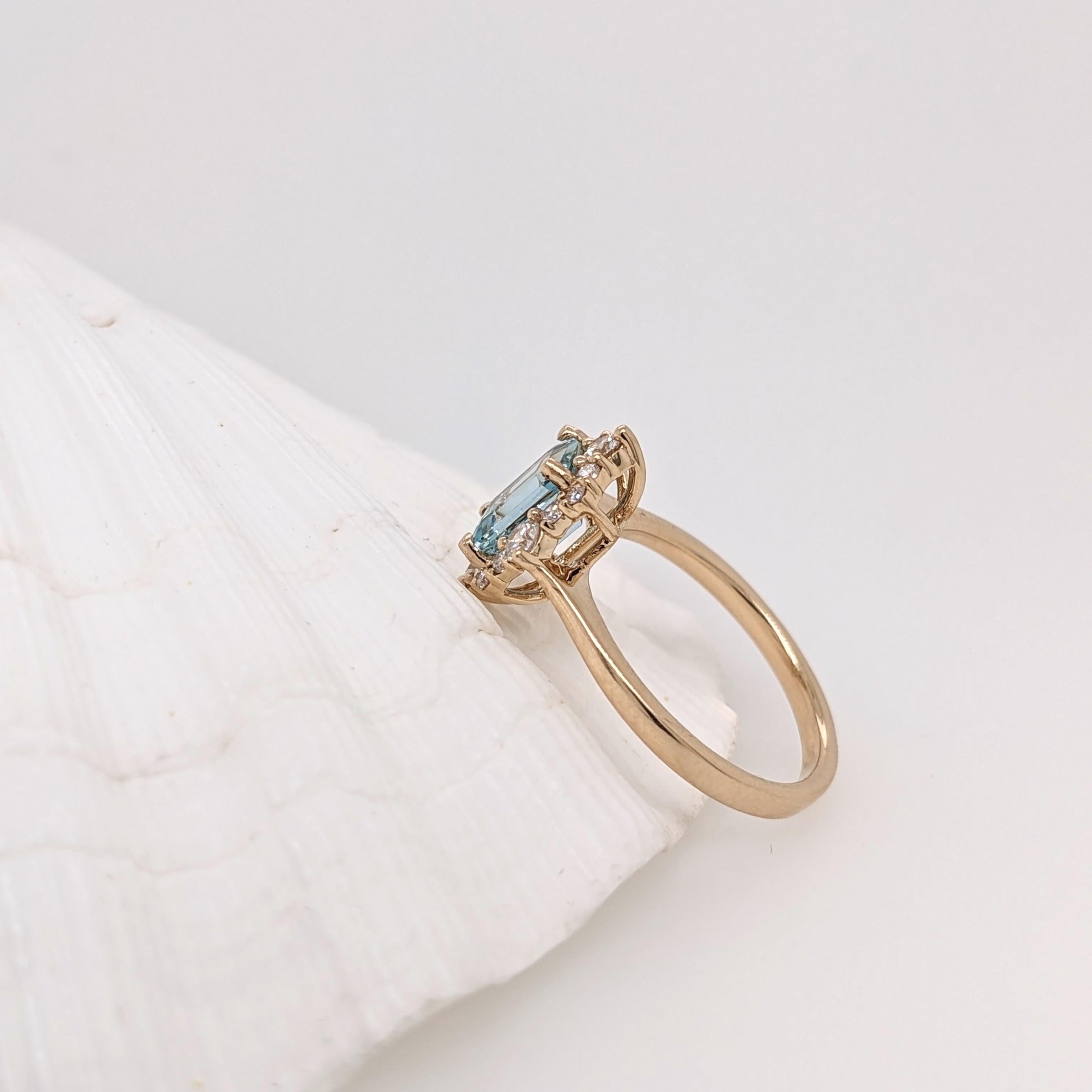 Compass Rose Aquamarine Ring w Natural Diamond Halo in 14k Gold Emerald Cut 7x5 1