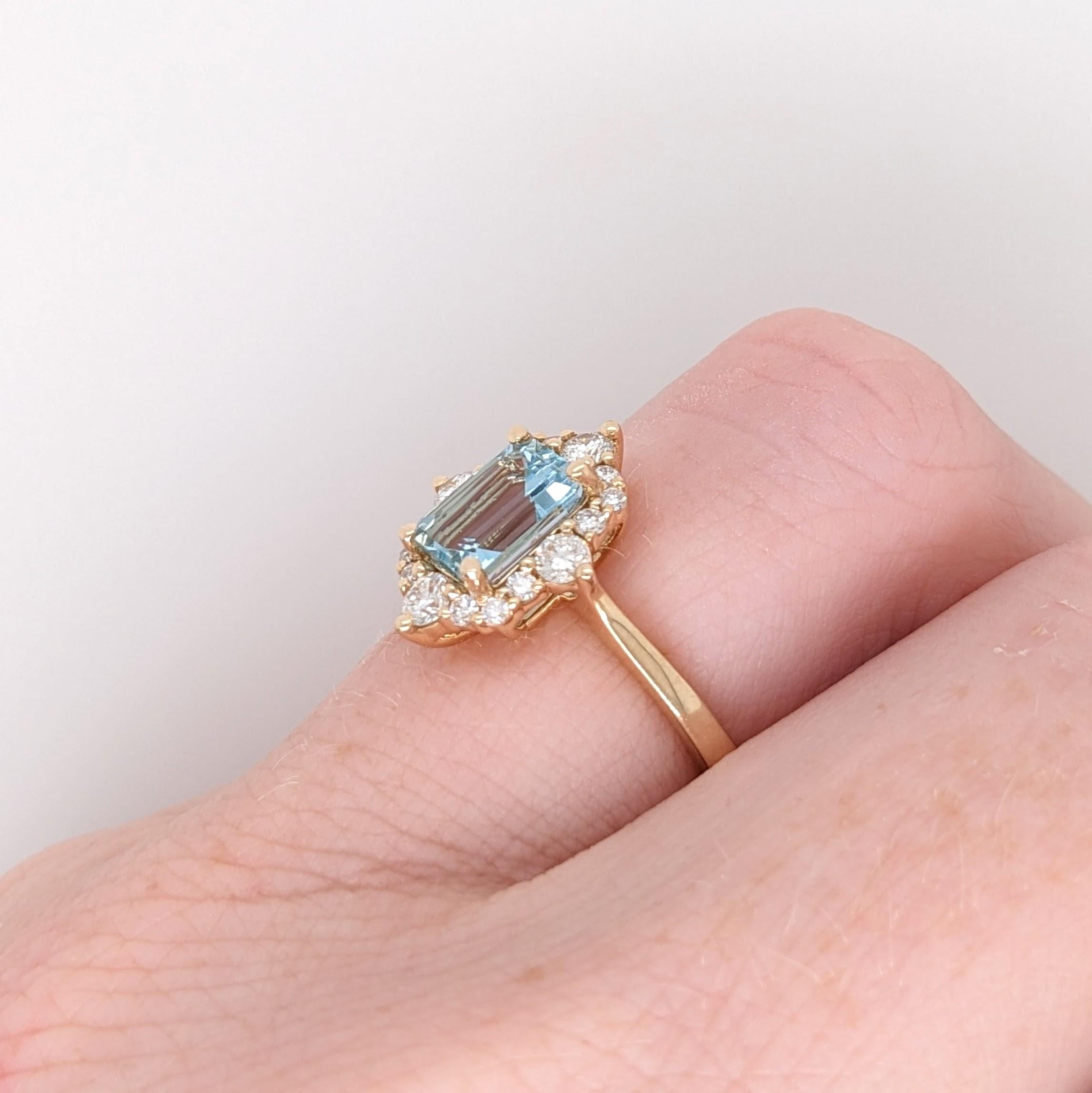 Compass Rose Aquamarine Ring w Natural Diamond Halo in 14k Gold Emerald Cut 7x5 3
