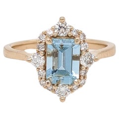 Compass Rose Aquamarine Ring w Natural Diamond Halo in 14k Gold Emerald Cut 7x5