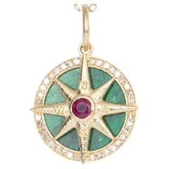 Compass Star Pendant with Diamond Halo Ruby Center & Malachite Backing 14k Gold