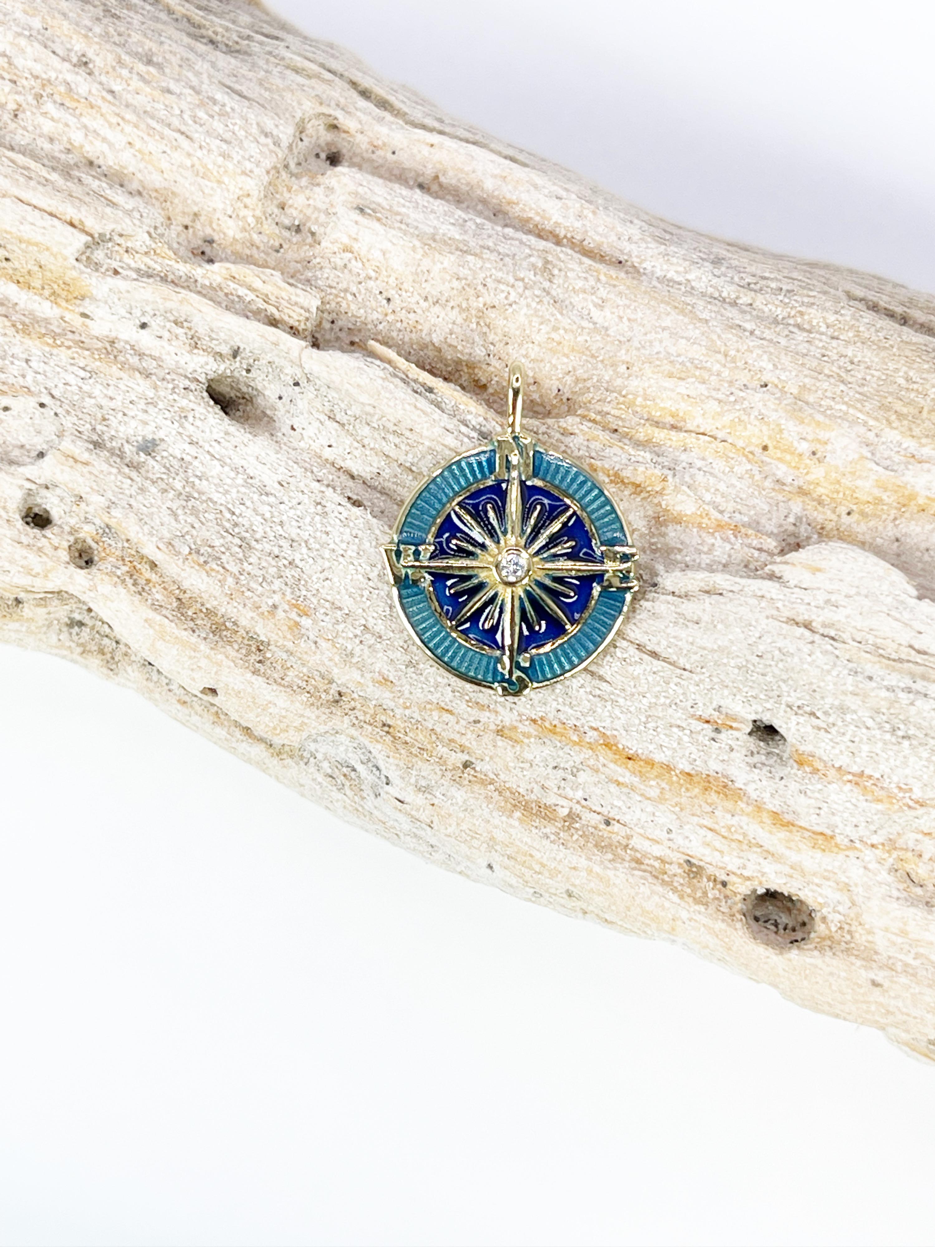 Exquisite and rare vitreous blue enamel pendant in 18KT yellow gold accompanied by a center diamond 1.8mm. Pendant is unisex.

GRAM WEIGHT (pendant only): 2.20gr
GOLD: 18KT yellow gold
CHAIN: 18