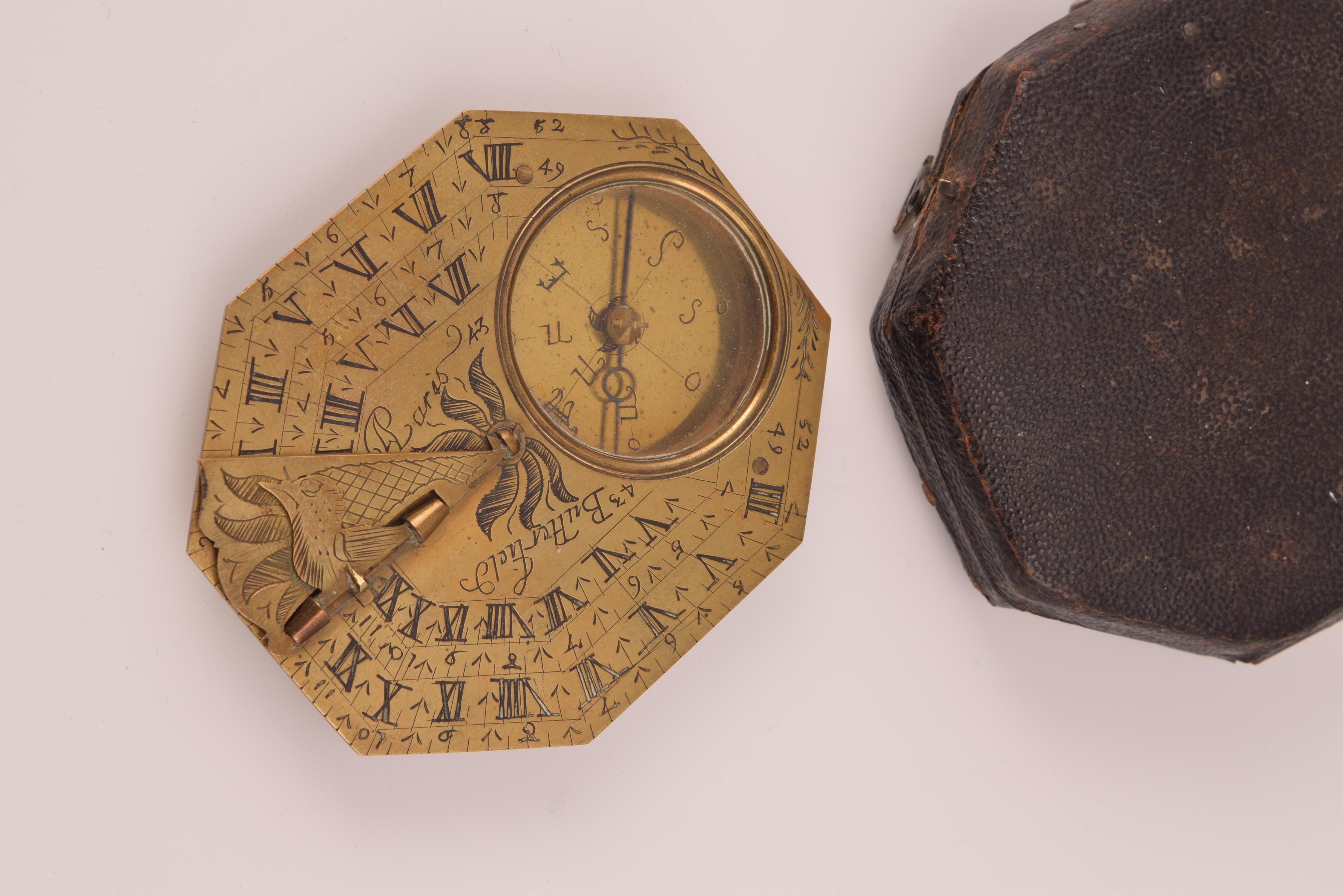 Néoclassique Compass avec cadran de poche Sundial, avec étui, bronze, Butterfield, Michael 1635-1724 en vente