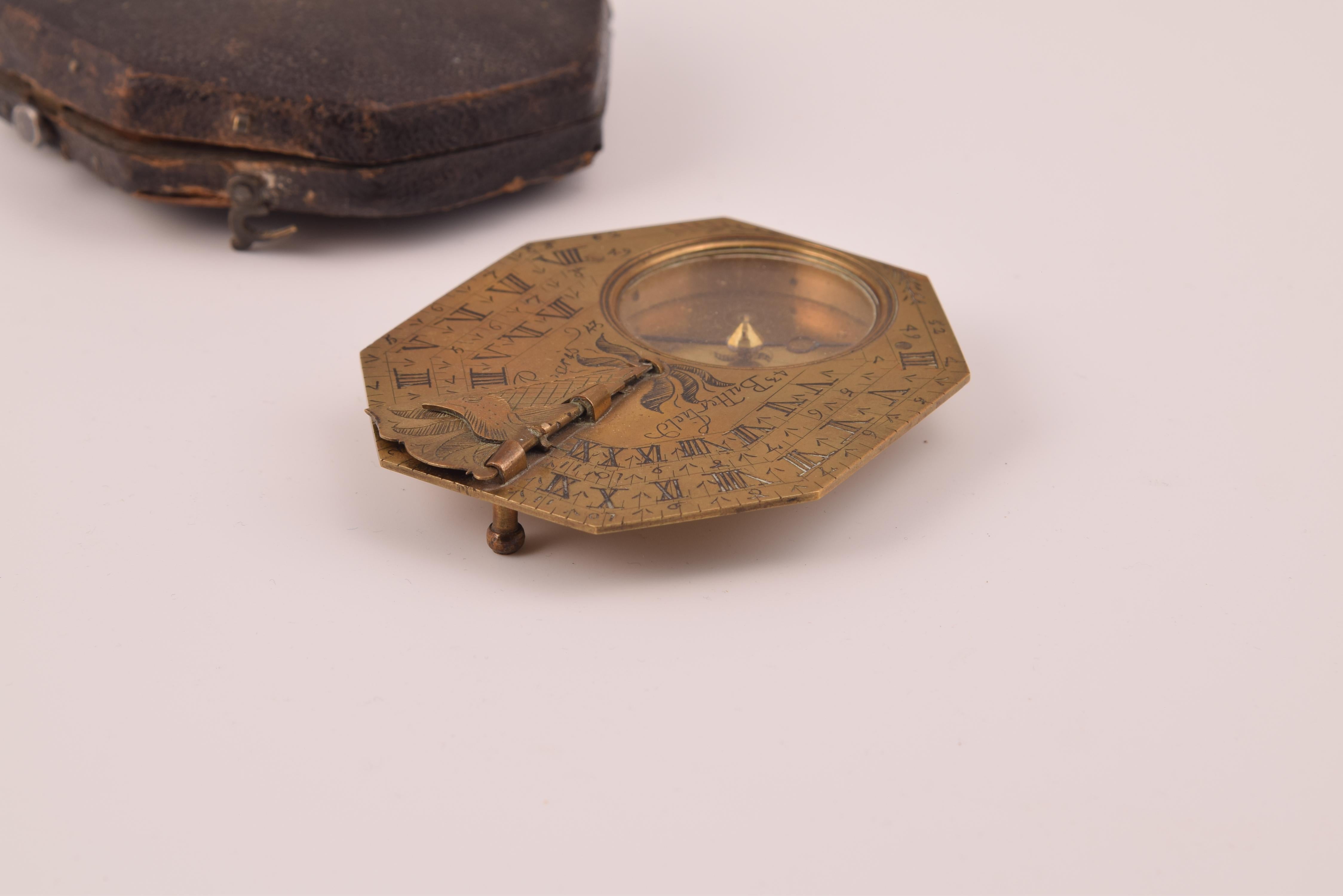 Bussola con meridiana tascabile, con custodia, bronzo, Butterfield, Michael '1635-1724'. in vendita 2