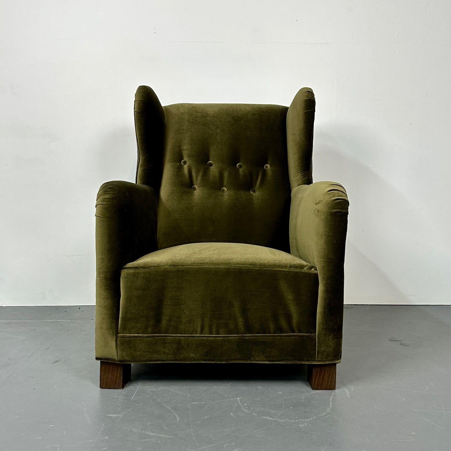 Velvet Compatible Pair Danish Cabinetmaker Wingback Lounge Chairs, Fritz Hansen Style For Sale