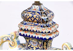 Compatible Pair Of 19th Century Majolica Ceramic Lidded Urns Mounted As Lamps