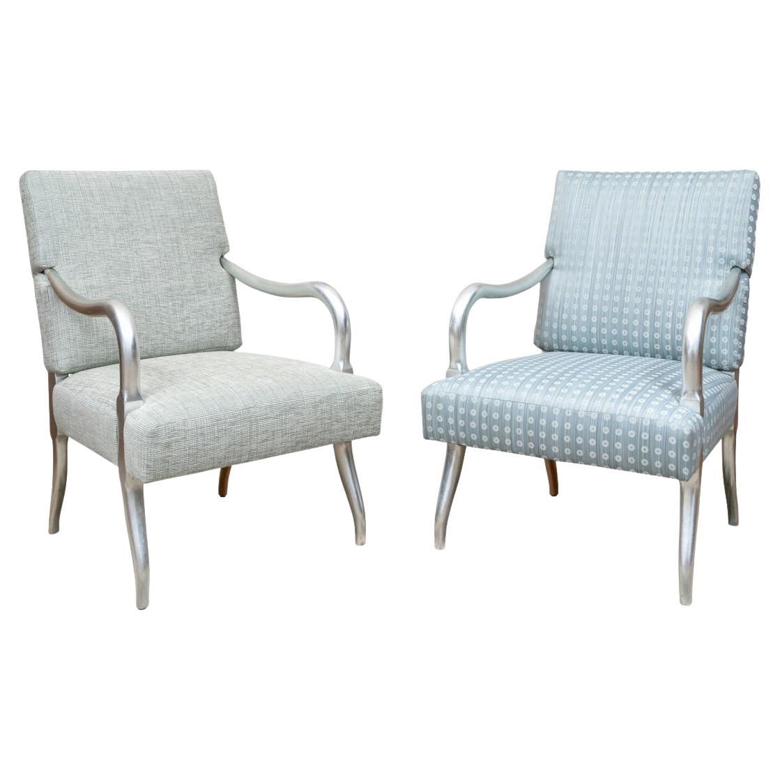 Compatible Pair of Contemporary Silver Leaf Frame Lounge Chairs For Sale