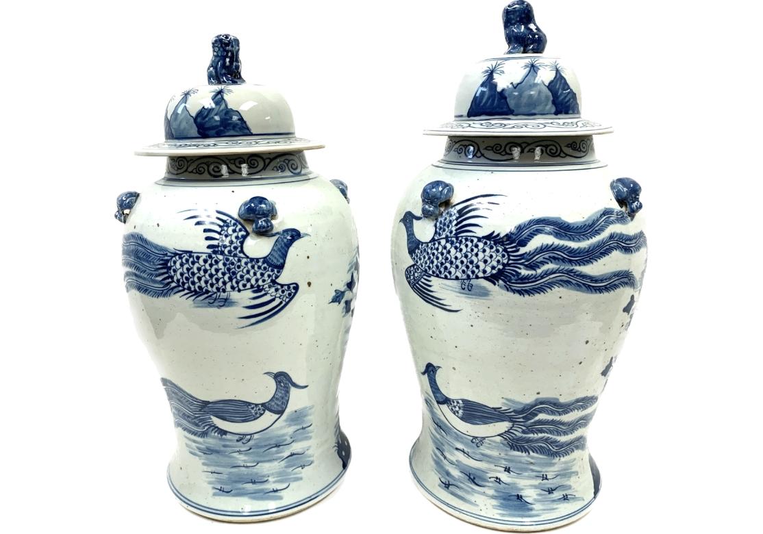 Compatible Pair Of Large Chinese Blue And White Porcelain Ginger Jars With Birds 2
