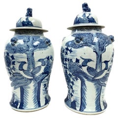Compatible Pair Of Large Chinese Blue And White Porcelain Ginger Jars With Birds