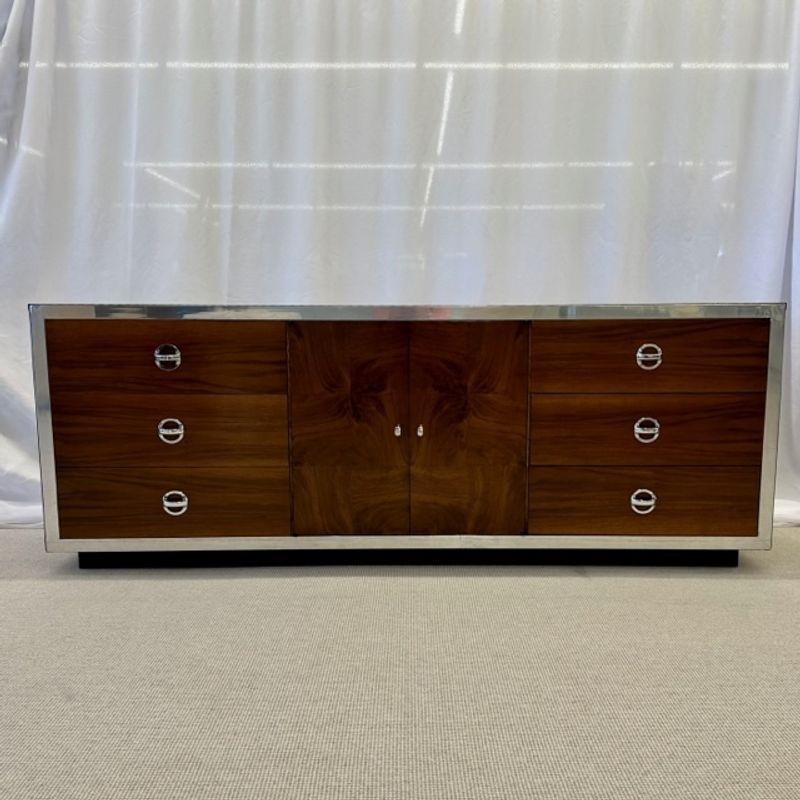 20th Century Compatible Pair of Mid-Century Modern Milo Baughman Dressers, Burlwood, Chrome For Sale