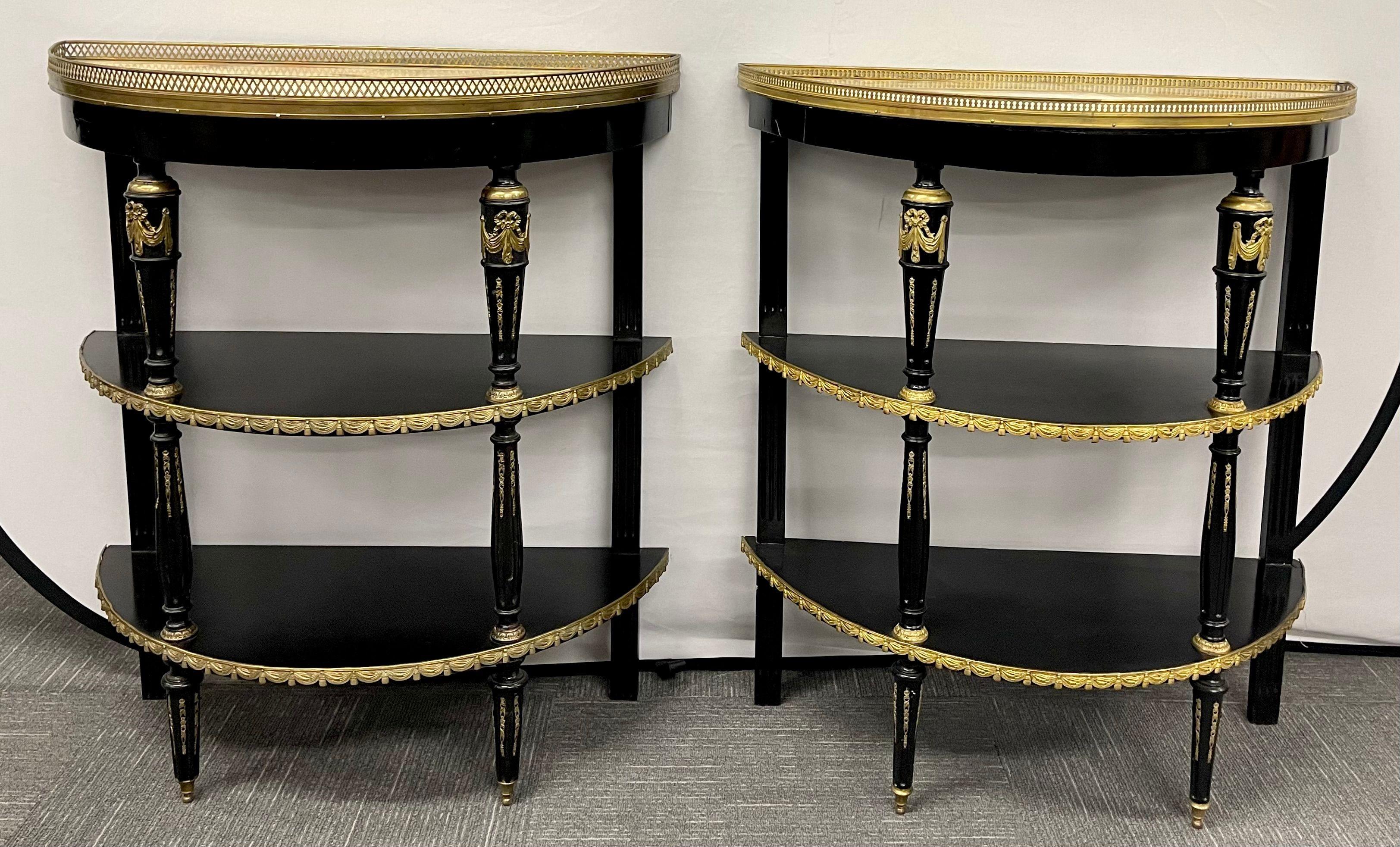 Hollywood Regency Compatible Pair of  Maison Jansen three-tier desert stand. This finest three-tier demilune each having bronze swags forming a well proportioned desert stand. The white galleried onyx (professionally repaired) tops sitting on top of