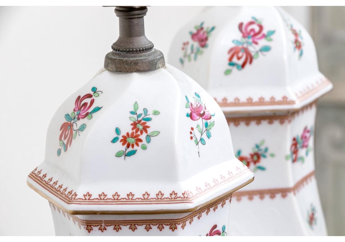 Compatible Pair Of Vintage Floral Painted Porcelain Table Lamps For Sale 6