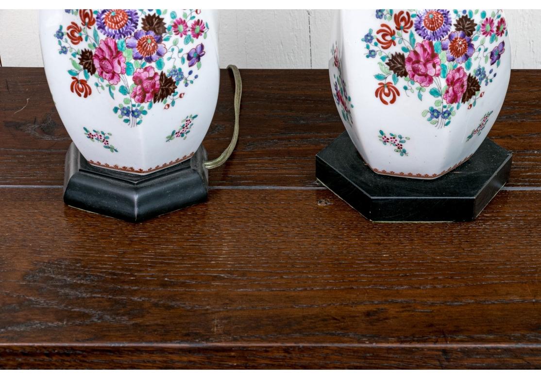 Compatible Pair Of Vintage Floral Painted Porcelain Table Lamps For Sale 7
