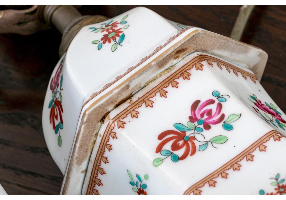 Compatible Pair Of Vintage Floral Painted Porcelain Table Lamps For Sale 9