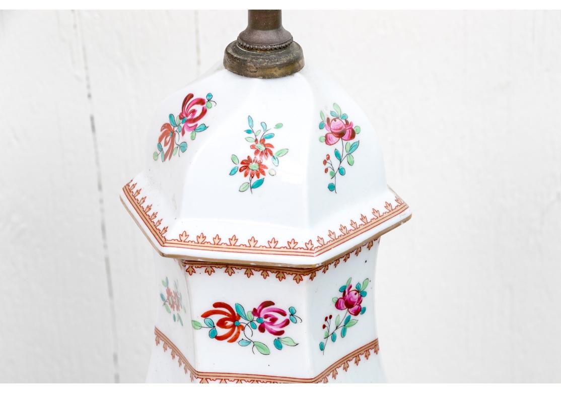 Compatible Pair Of Vintage Floral Painted Porcelain Table Lamps For Sale 2